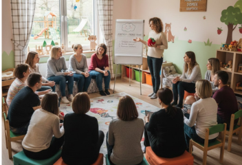 Warsztat dla rodziców prowadzony przez pedagoga podczas Akcji Adaptacja w przedszkolu Malinowy Domek