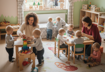 Opiekunka prowadząca zajęcia z małymi dziećmi podczas adaptacji bez rodzica w żłobku Malinowy Domek